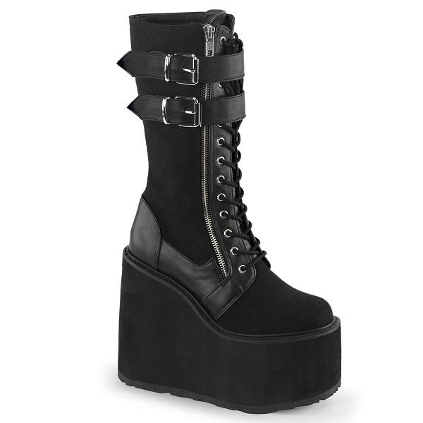 Demonia Women's Swing-221 Knee High Platform Boots - Black Canvas/Vegan Leather D7490-25US Clearance